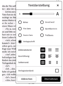 Das Einstellungsmenü für Schriftarten auf einem tolino Shine 2 HD eBook-Gestaltung