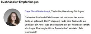 Beispiel für eine Thalia Buchhändler-Empfehlung mit Caya Elina Weidenhaupt von der Thalia-Buchhandlung Göttingen