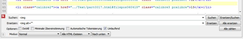 Suche-Ersetze-Funktion, um Fehlerstellen nach der ePUB-Validierung zu finden