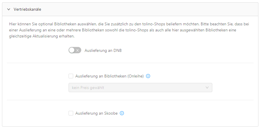 Visualisierung der optionalen Auswahl der Vertriebskanäle DNB, Onleihe und Skoobe