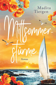 Cover "Mittsommerstürme" mit einem Segelboot auf dem Meer vor einem Sonnenuntergang