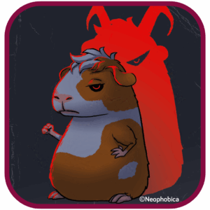 Ein Hamster mit rotem Schatten, der Schatten hat rote Hörner und zusammengekniffenen Augen.