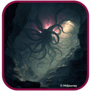 Ein Wesen mit vielen Tentakeln schwebt in einer dunklen Höhle. 