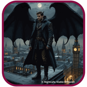 Ein Mann mit Hörnern und Flügeln steht auf einem Dachvorsprung über einer nebligen, dunkelbeleuchteten Stadt.