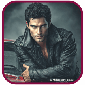 Ein Mann mit schwarzen Haare und stechend blauen Augen lehnt über einem roten Auto. 