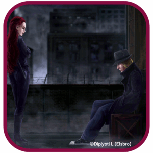 Antonia Stark, eine rothaarige Frau rechts und Alek, eine Mann, der auf dem Boden sitzt, links