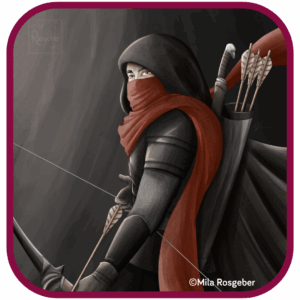 Kaleigh Walsh, ein vermummter Mann mit rotem Schal und Pfeil und Bogen 