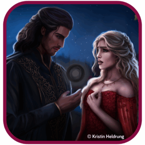 Ein Mann mit langen Haare steht gegenüber einer Frau in einem roten Kleid mit langen blonden Haaren.