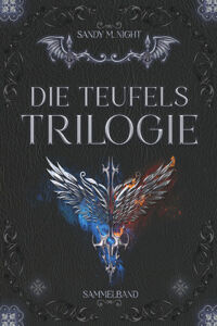 Cover von Die Teufelstrilogie von Sandy M. Knight: Ein schwarzer Hintergrund mit silbernen und schwarzen Ornamenten, davor ein rot-blau-silbernes Symbol. 