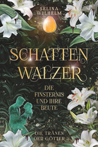 Cover von Schattenwalzer von Selina Wilhelm: Weiße Linien rahmen den Rand des Covers, links unten ist ein grüner Schattenschnitt eines Pärchens (Mann und Frau) zu sehen. 