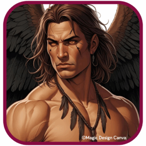 Malachriel aus Fallen Star von Felicity A. Green, ein muskulöser Mann mit schwarzen Engelsflügeln, Narben im Gesicht und leuchtenden Augen. 