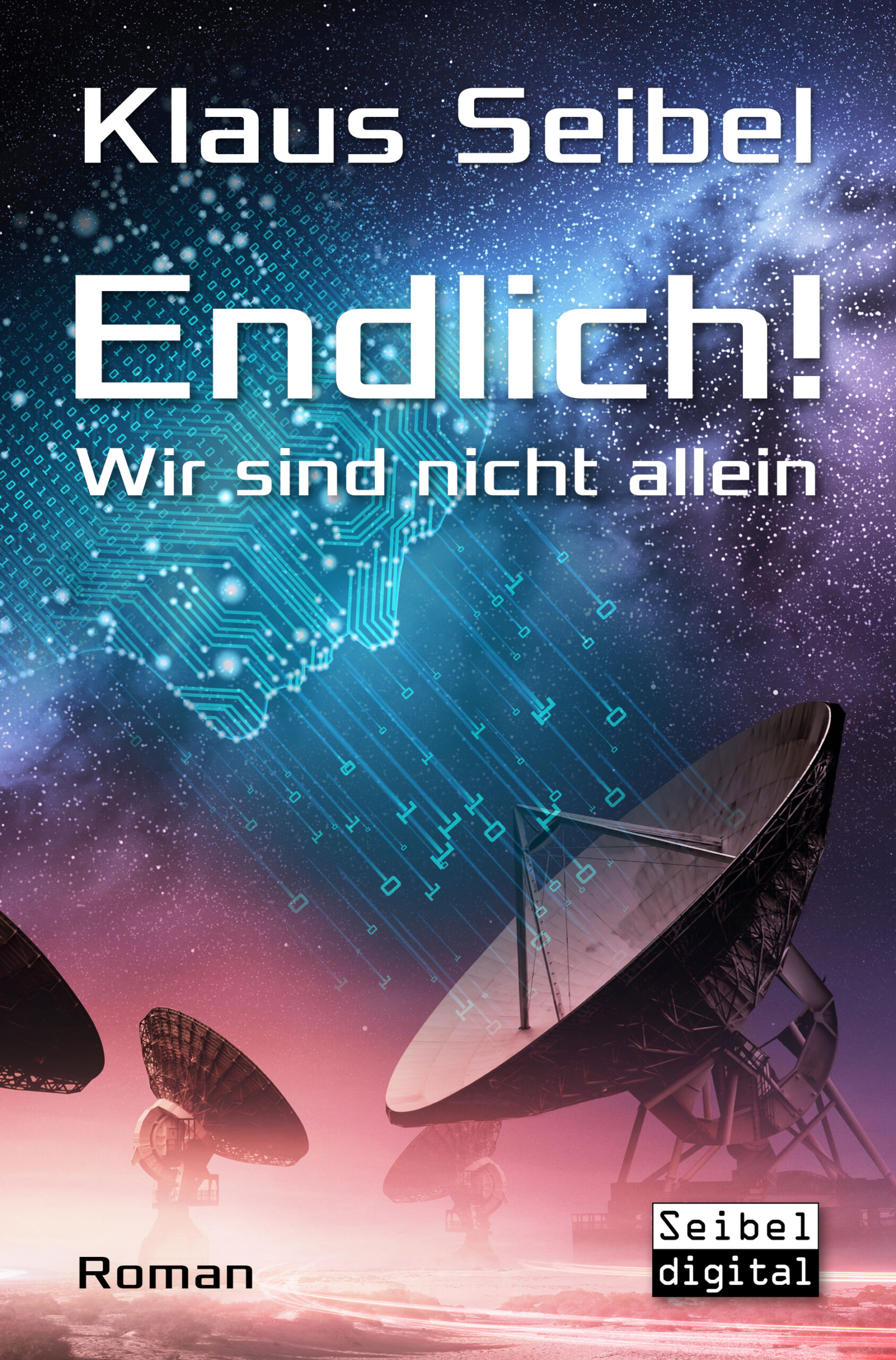 Cover "Endlich!": Satelliten vor blau-pinken Hintergrund