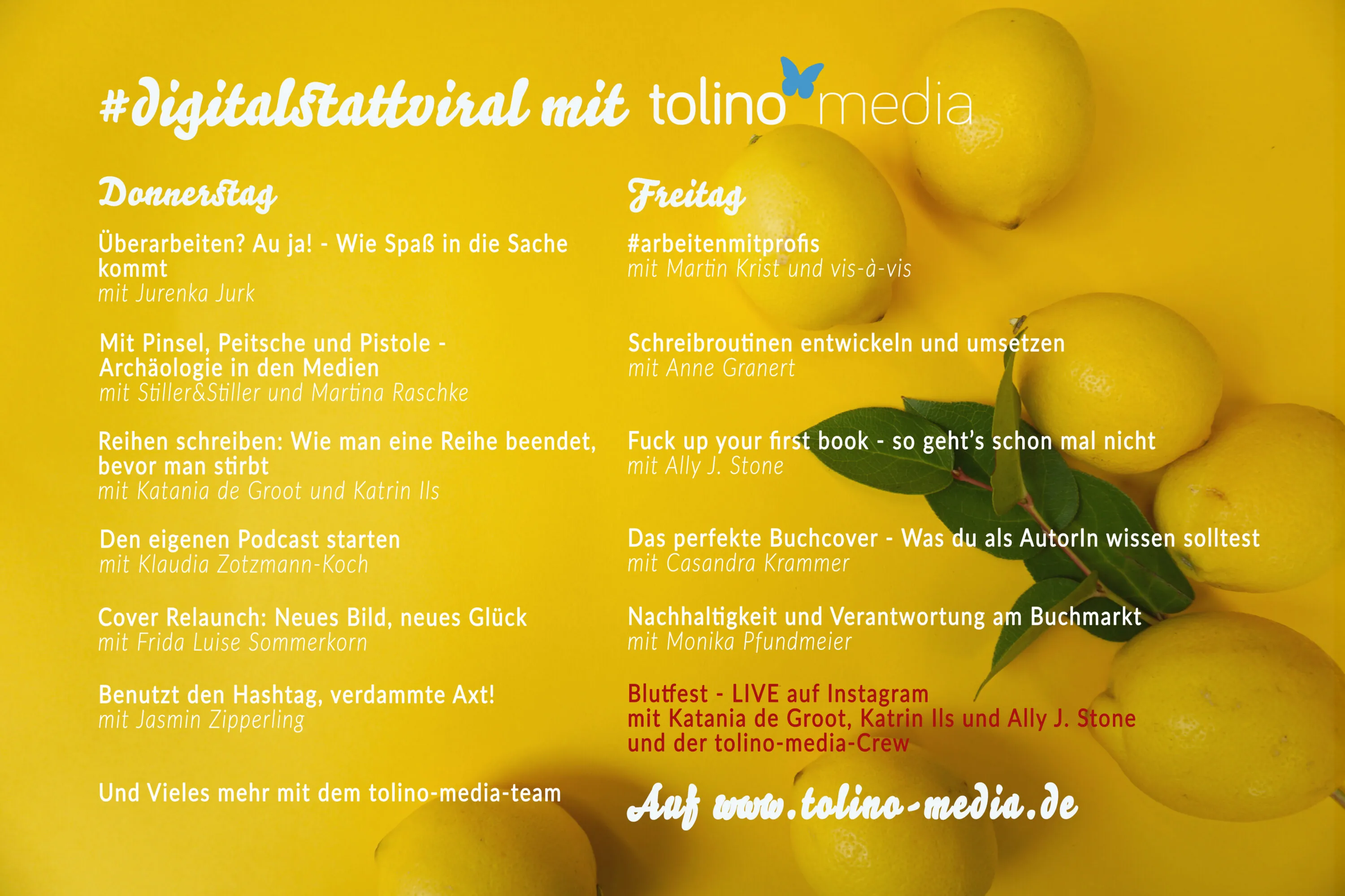 Programm unserer OnlineLBM auf gelbem Hintergrund mit Zitronen