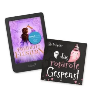 Links ein tolino eReader mit dem Titel "Freiheitsflüstern" von Leyla J. Agca; rechts ein Printbuch mit dem Titel "Das rosarote Gespenst" von Isly Wynter