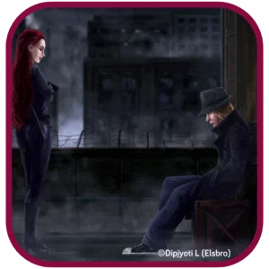 Antonia Stark, eine rothaarige Frau rechts und Alek, eine Mann, der auf dem Boden sitzt, links