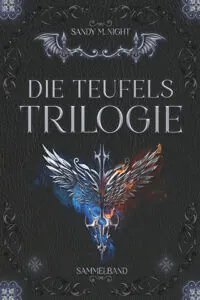 Cover von Die Teufelstrilogie von Sandy M. Knight: Ein schwarzer Hintergrund mit silbernen und schwarzen Ornamenten, davor ein rot-blau-silbernes Symbol. 