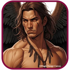 Malachriel aus Fallen Star von Felicity A. Green, ein muskulöser Mann mit schwarzen Engelsflügeln, Narben im Gesicht und leuchtenden Augen. 