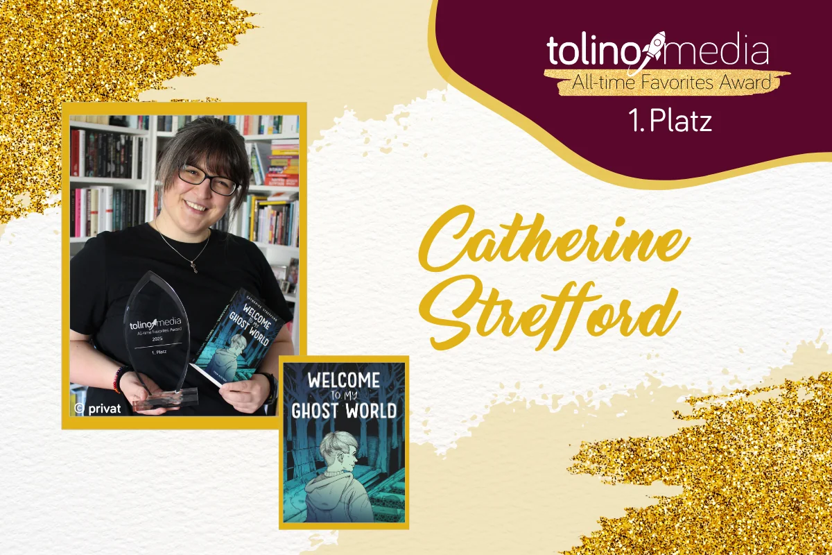 Ein Foto von Catherine Strefford, in der linken Hand den Buchpreis, in der rechten Hand ihr Titel "Welcome to my Ghost World"