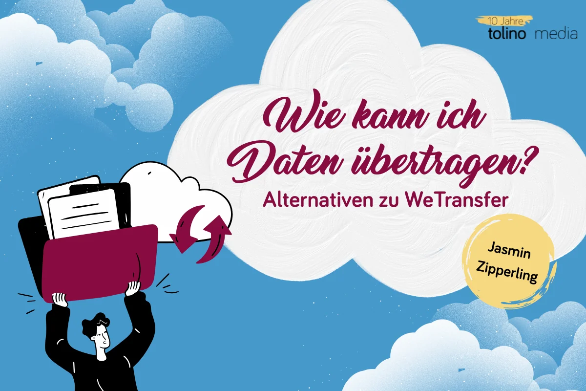 Blaues Blogbeitragsbild zu WeTransfer mit weißem Wolken und einer Frau, die einen Ordner hält