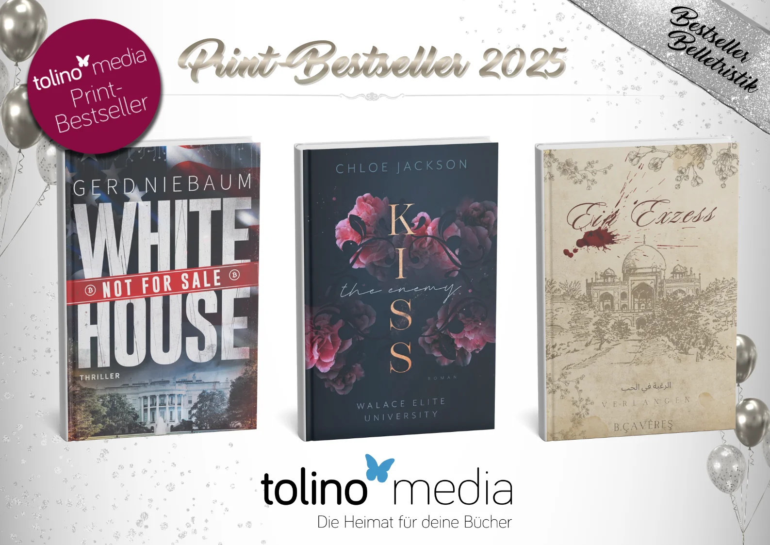 Das Cover von "White House not for Sale" von Gerd Niebaum, neben dem Cover von "Kiss the enemy" von Chloe Jackson und "Ein Exzess" von B. Çavêreş