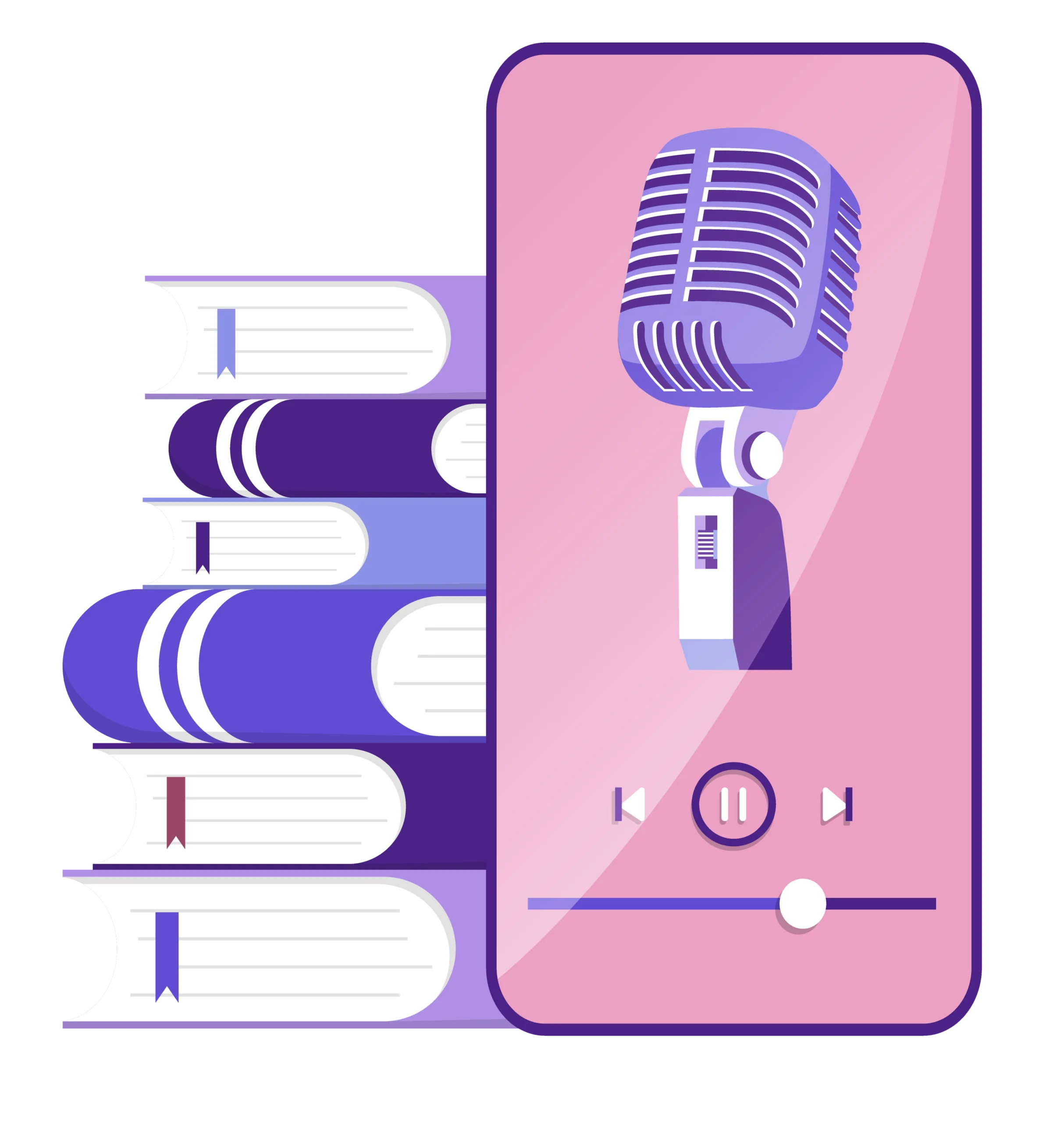 Bücher mit Smartphone Zu sehen ist ein Stapel illustrierter Bücher auf der linken Seite. Daneben ist ein großes Smartphone, auf dem Bildschirm ist ein Oldschool Mikrofon auf rosa Hintergrund.