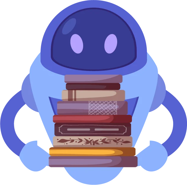 Ein Roboter der in seinen Händen einen Stapel Bücher hält.