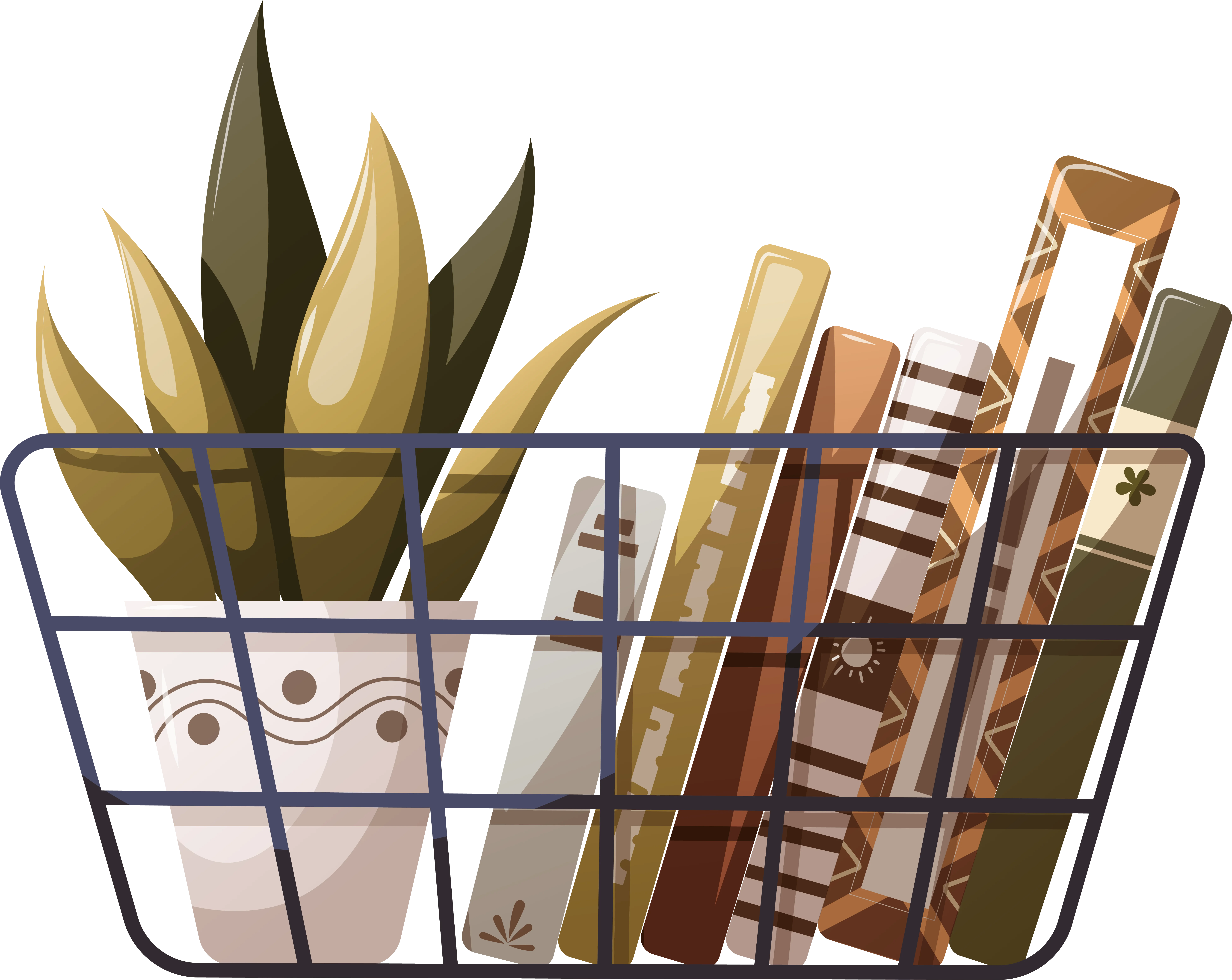 Zu sehen ist ein Stahlkorb, indem links eine Planze steht und rechts daneben ein paar Bücher sind.