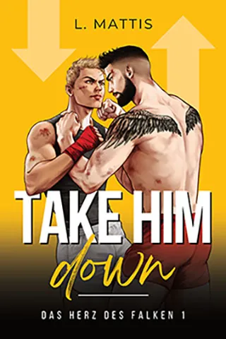 Cover von Take Him Down von L. Mattis: Zwei Männer beim Kampfsport vor gelben Hintergrund mit zwei hellgelben Pfeilen, einer davon zeigt nach unten und der andere nach oben