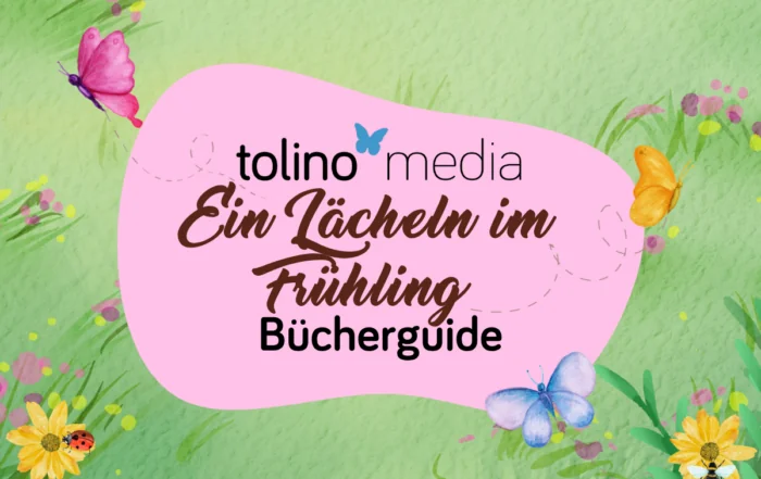 Blogbeitragsbild zum Bücherguide: Ein Lächeln im Frühling. Grüner Wiesenhintergrund mit ein paar Blumen. Jeweils eine orangene Blüte in den unteren ecken mit einer Biene und einem Marienkäfer. In der Mitte ein rosa Klecks mit dem Titel. ein rosa und ein blauer Schmetterking.