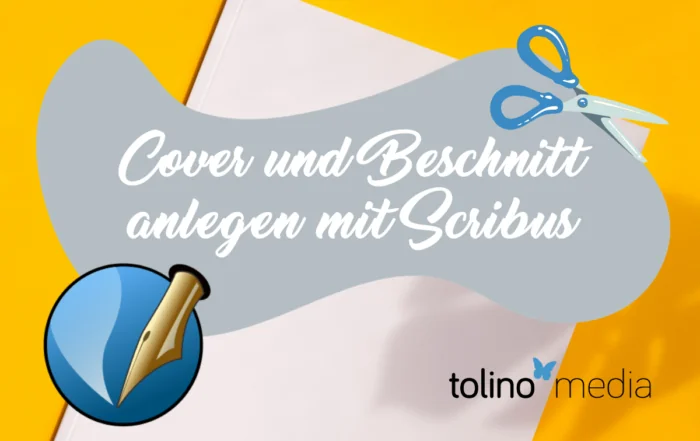 Blogbeitragsbild zu "Cover und Beschnitt anlegen mit Scribus": Ein Blatt Papier, darüber eine Schere, das Scribus Logo und der Titel