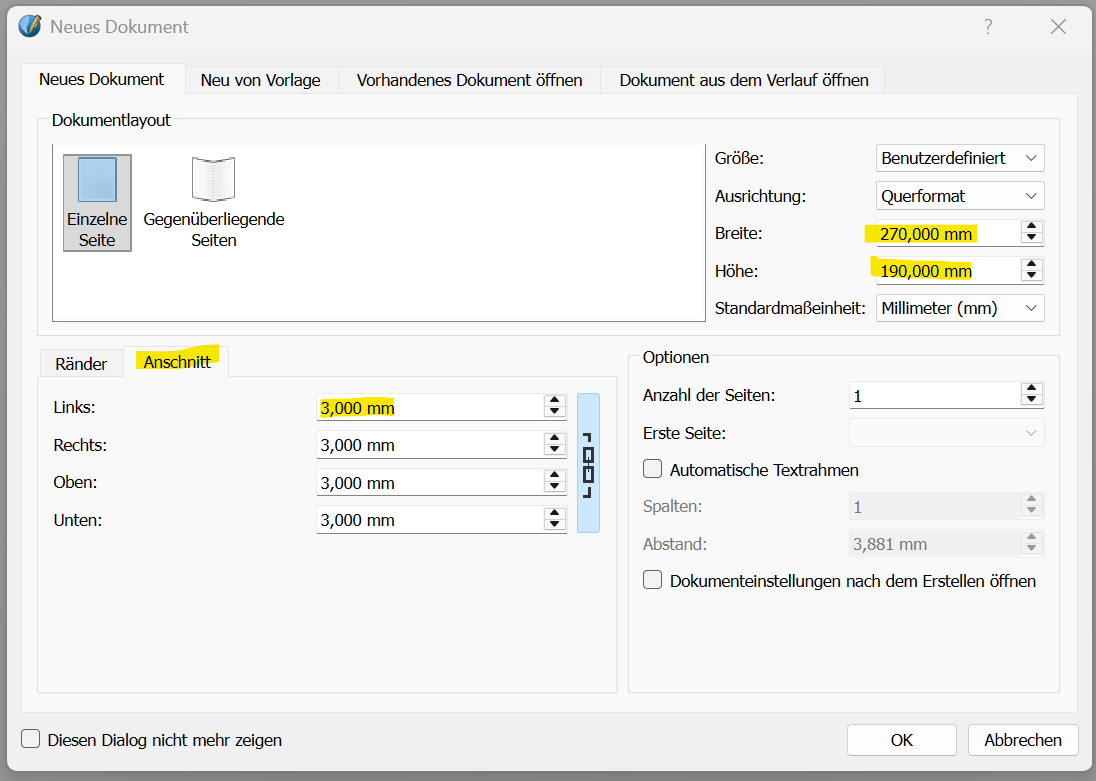 Dokument einrichten in Scribus Dokument einrichten in Scribus
