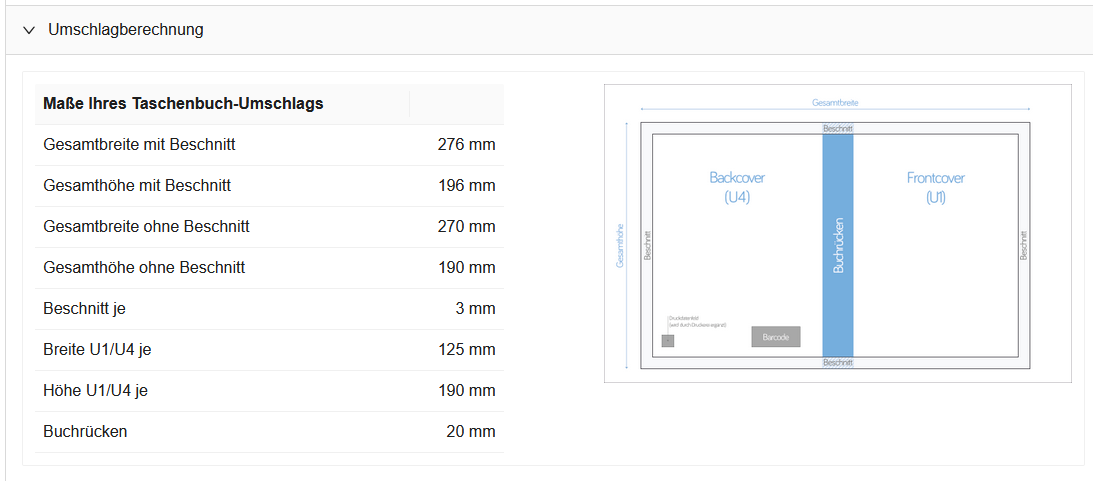 Umschlagsberechnung Ein Screenshot von unserer Plattform: Die Umschlagsberechnung mit allen Maßangaben für den Umschlag einer Printbuches