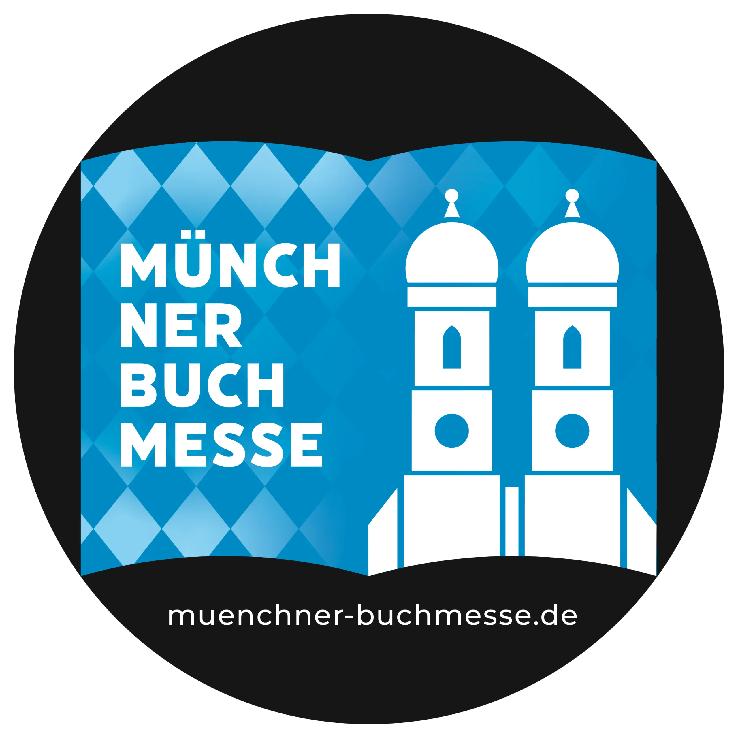 Münchner Buchmesse Müncher Buchmesse Logo, Blau weiße Farben, rechts die Türme der Frauenkirche auf blauen Hintergrund