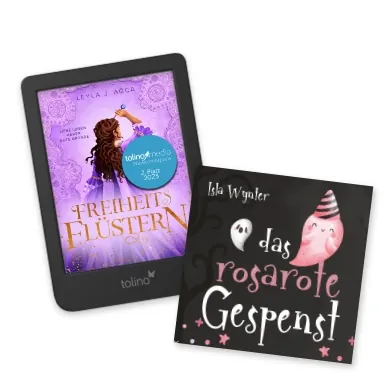 Abbildung des Covers "Freiheitsflüstern" von Leyla J. Agca in einem tolino eReader des Modells shine 3. Rechts daneben ist das Buch "das rosarote Gespenst" von Isla Wynter abgebildet.