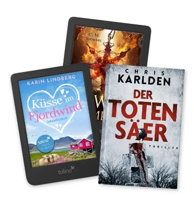 Zu sehen sind zwei tolino eReader, Modell shine 3, sie zeigen jeweils das Cover eines Romans. Rechts daneben die gedruckte Ausgabe des Romans "Der Totensäer" von Chris Karlden.