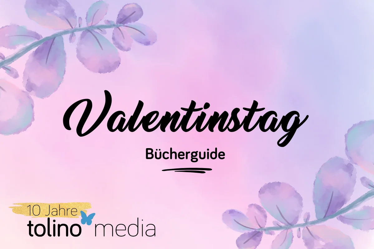 Blogbeitragsbild Valentinstag 2025 Blogbeitragsbild zum Valentinstags-Bücherguide in rosa gehalten mit lila Blütenblättern