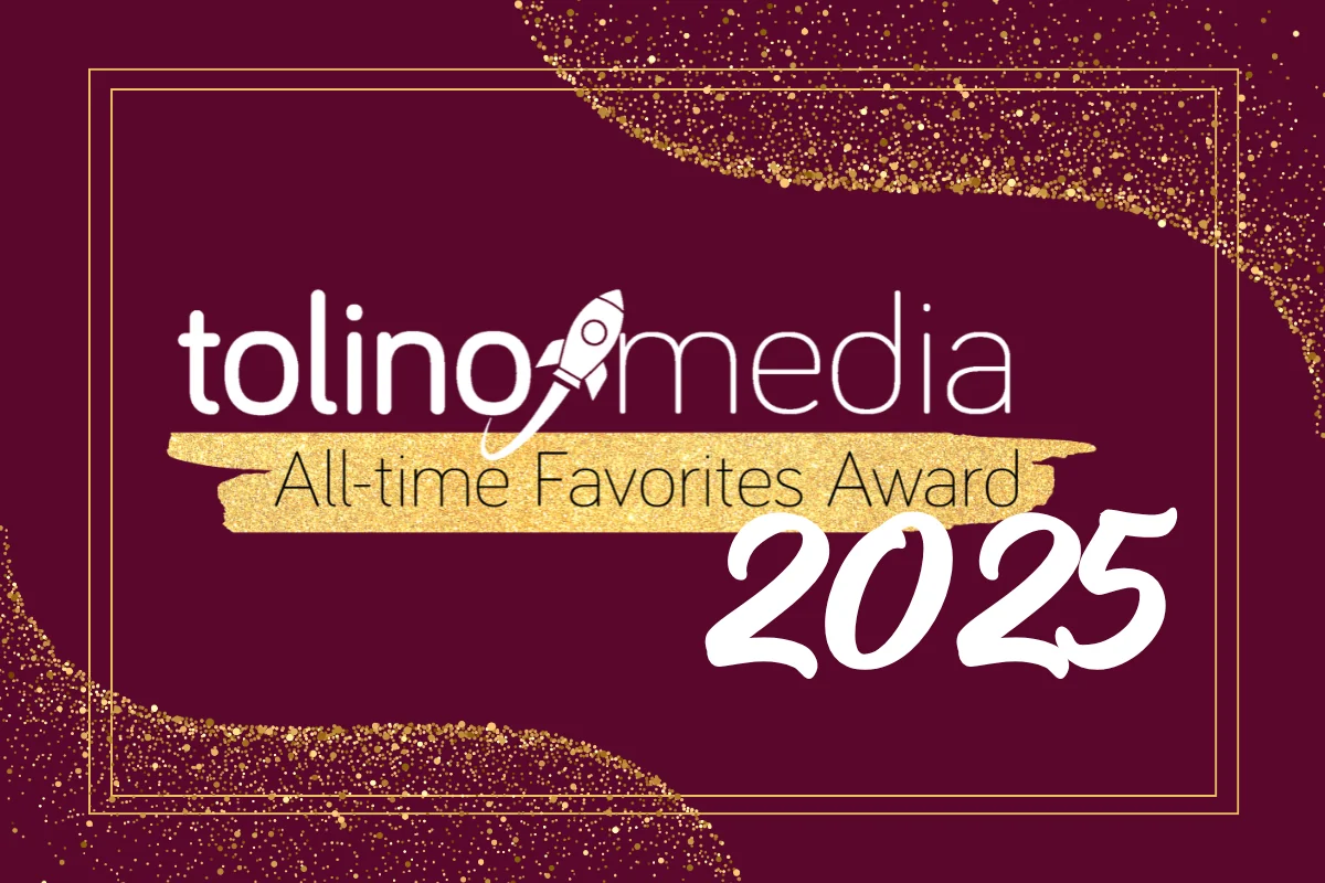 tolino media All-time Favorites Award Logo auf weinrotem Hintergrund, in den Ecken oben rechts und unten links eine Welle aus goldenem Sternenstaub