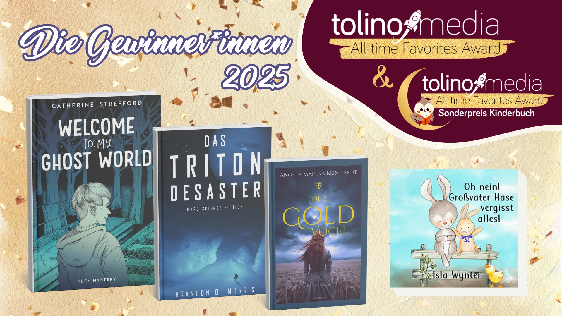 ATFA Gewinnertitel Blogbeitragsbild Beitragsbild Gewinnertitel mit den vier Buchcovern vor goldenem Hintergrund und Konfetti
