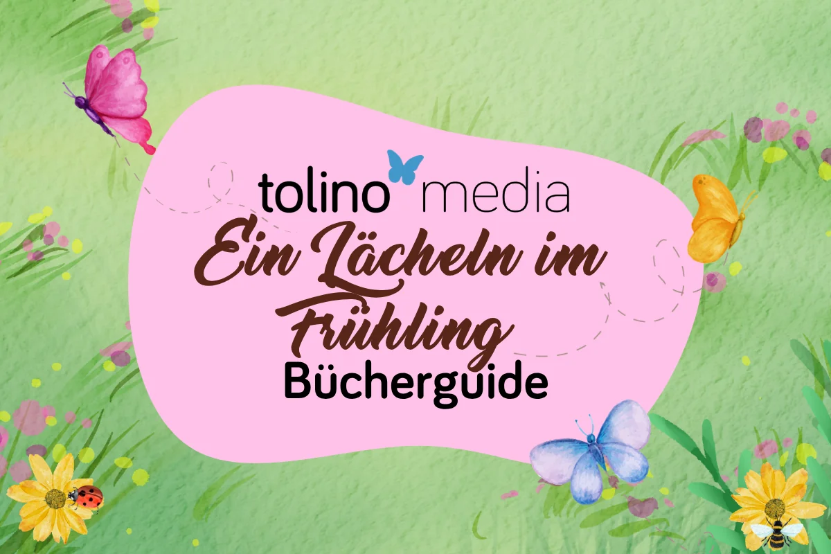 Blogbeitragsgrafik Bücherguide Ein Lächeln im Frühling 2026 Blogbeitragsbild zum Bücherguide: Ein Lächeln im Frühling. Grüner Wiesenhintergrund mit ein paar Blumen. Jeweils eine orangene Blüte in den unteren ecken mit einer Biene und einem Marienkäfer. In der Mitte ein rosa Klecks mit dem Titel. ein rosa und ein blauer Schmetterking.